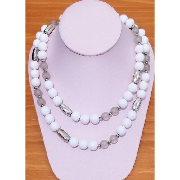 36" Long White and Gray Vintage Necklace strung on Chain - Picture 6 of 10